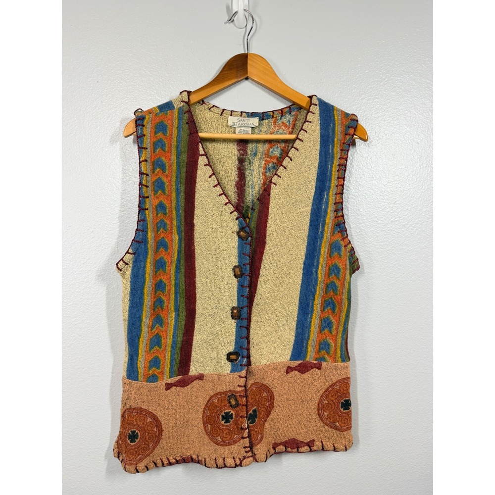 Sandy Starkman Sweater Vest Women's S Boho Striped‎ Knit Button Front Patchwork